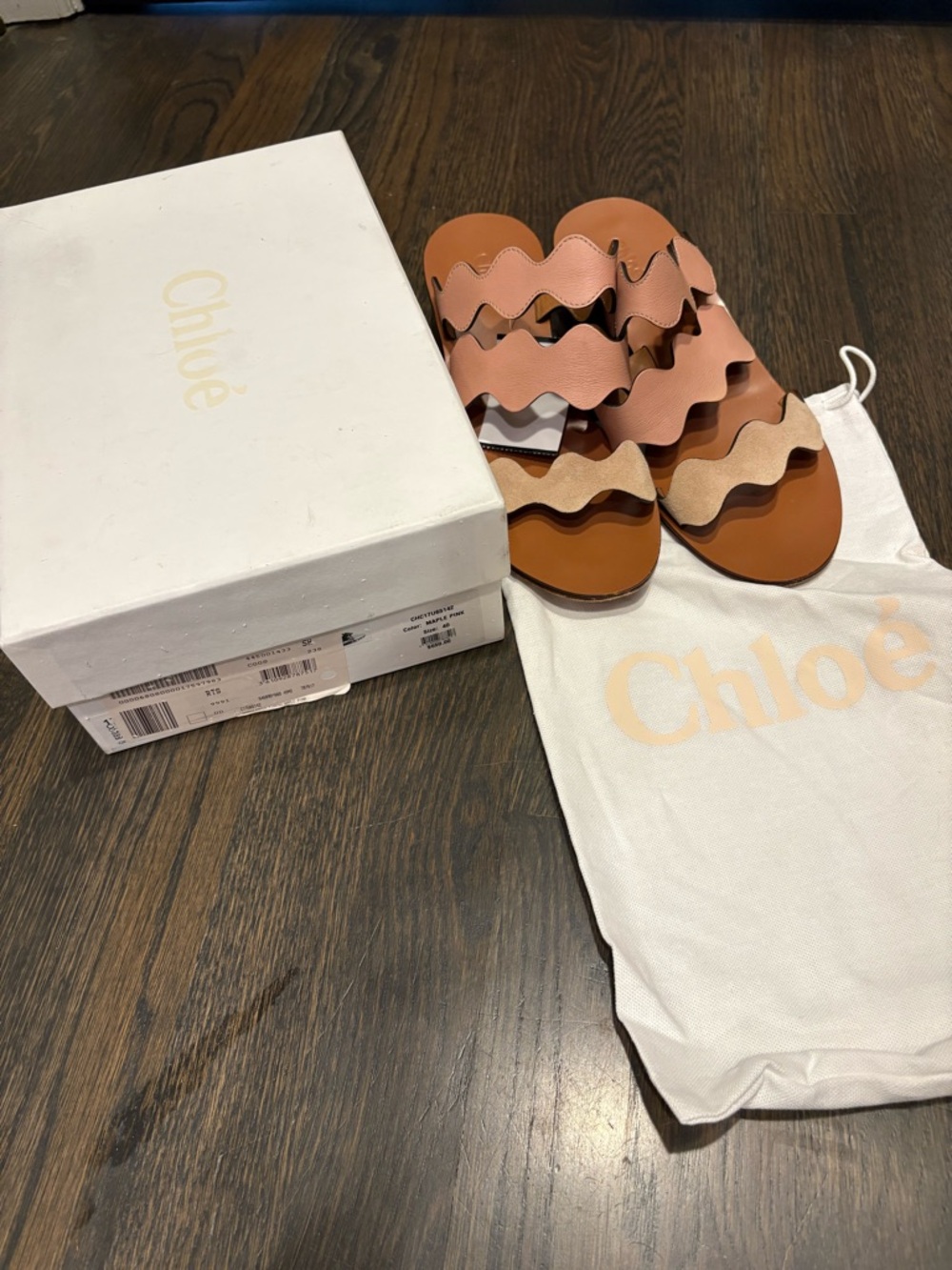 Chloé Wavy Triple-Strap Leather Sandals in Tan & Blush chunky heal size 10 Italy